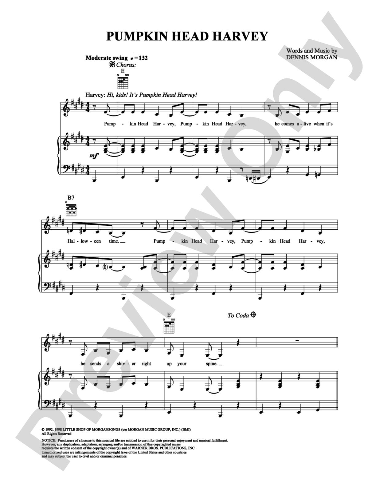 Pumpkin Head Harvey: Piano/Vocal/Chords Digital Sheet Music