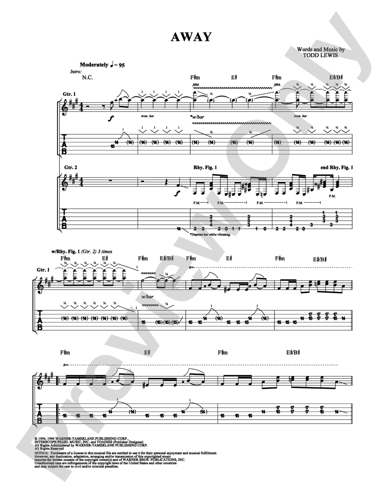 Away: Guitar TAB Digital Sheet Music