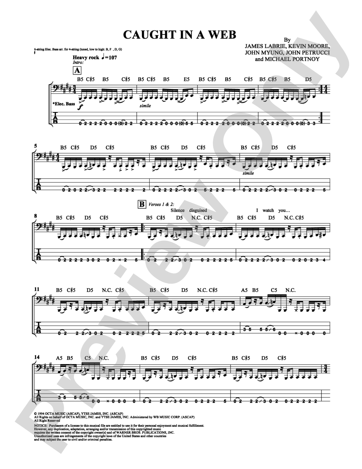 Caught in a Web: Bass TAB Digital Sheet Music