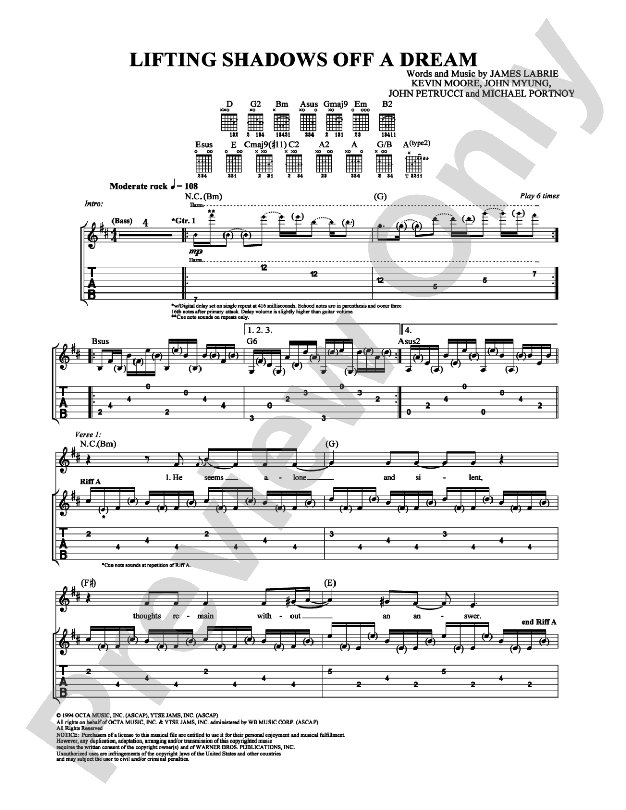 Lifting Shadows Off a Dream: Guitar TAB Digital Sheet Music