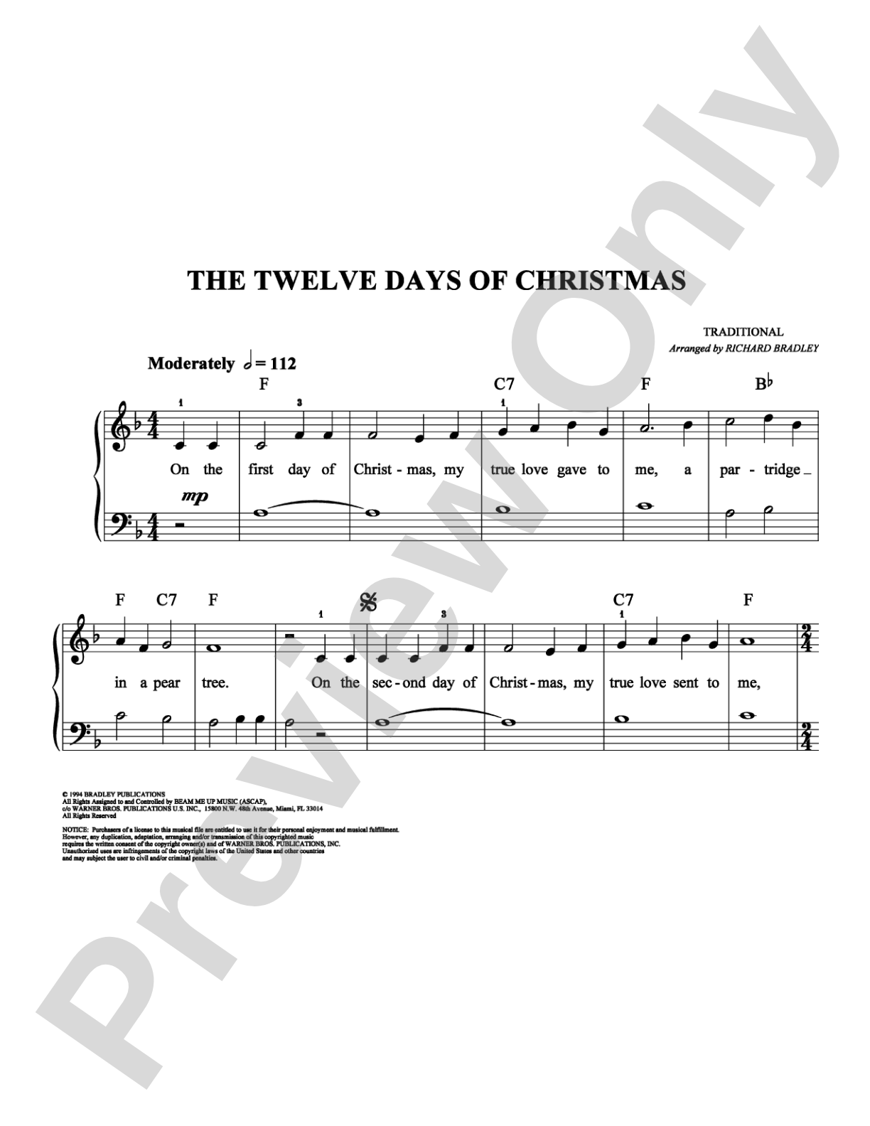 The Twelve Days of Christmas: Easy Piano Digital Sheet Music