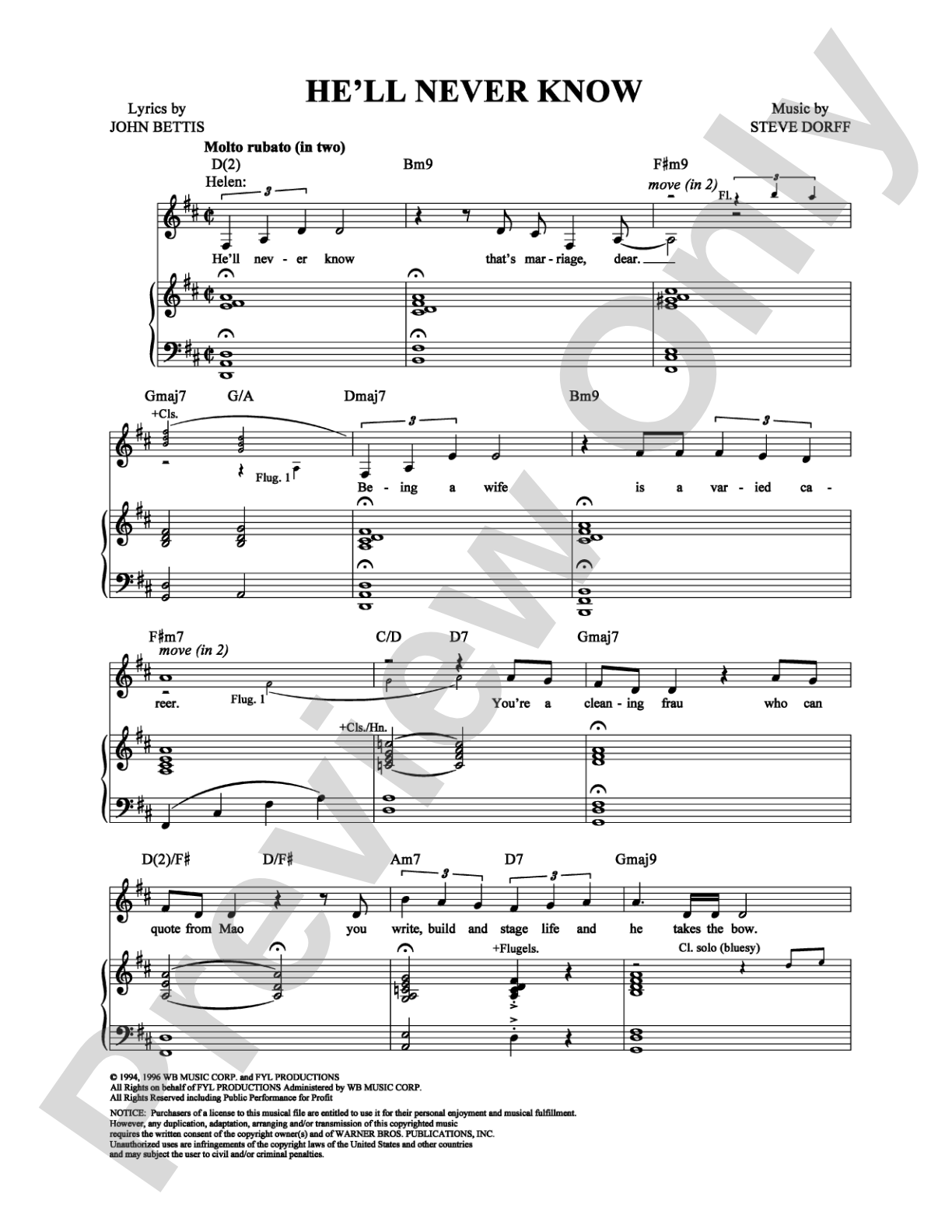 He'll Never Know: Piano/Vocal/Chords Digital Sheet Music