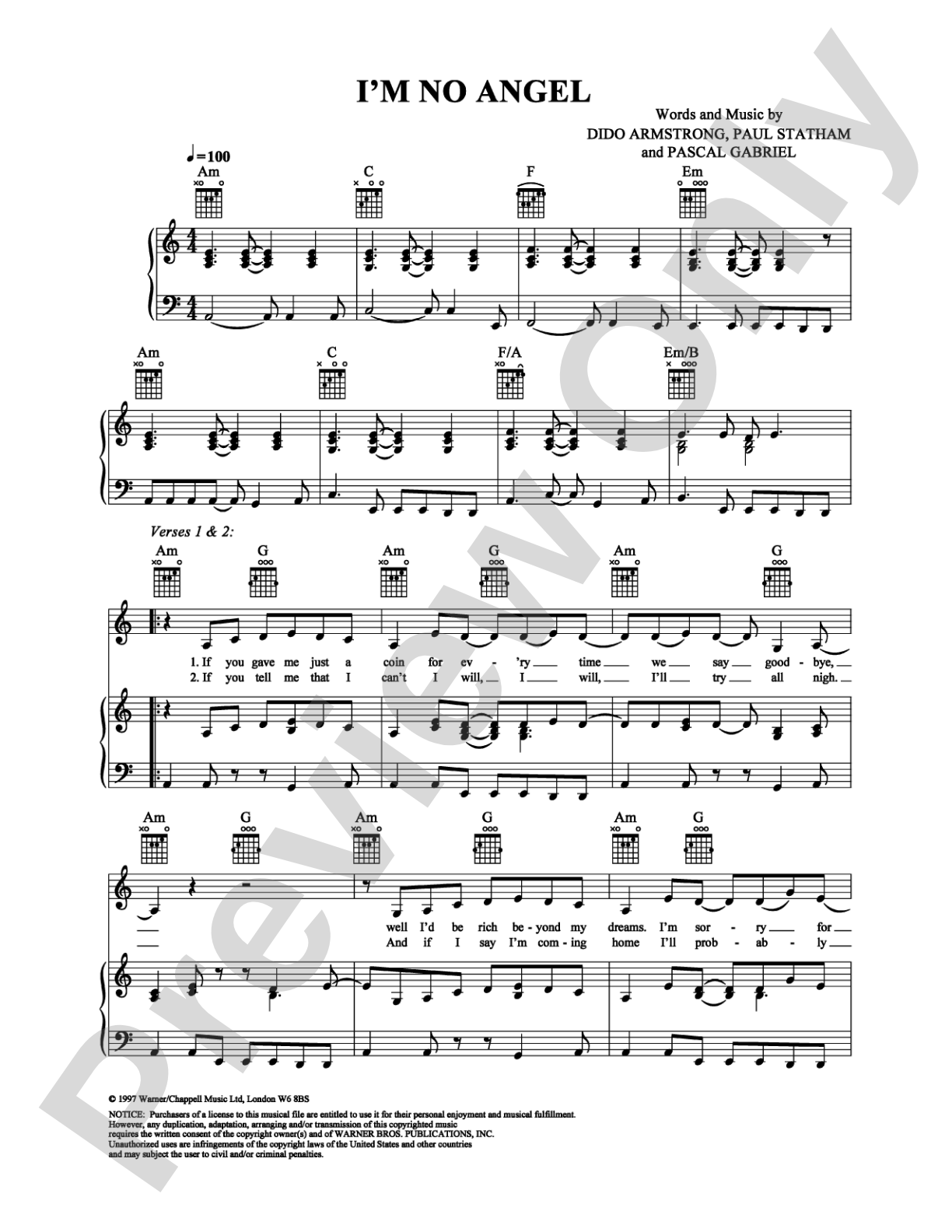 I'm No Angel: Piano/Vocal/Chords Digital Sheet Music