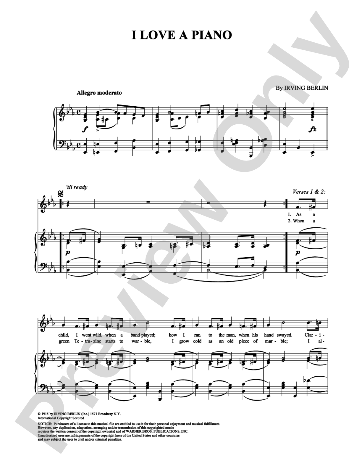 I Love a Piano: Piano/Vocal/Chords Digital Sheet Music