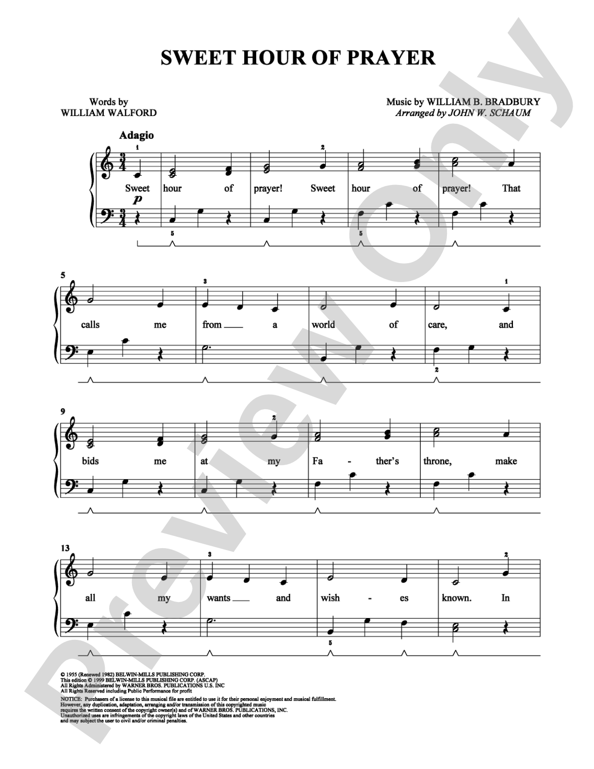 Sweet Hour of Prayer: Easy Piano Digital Sheet Music