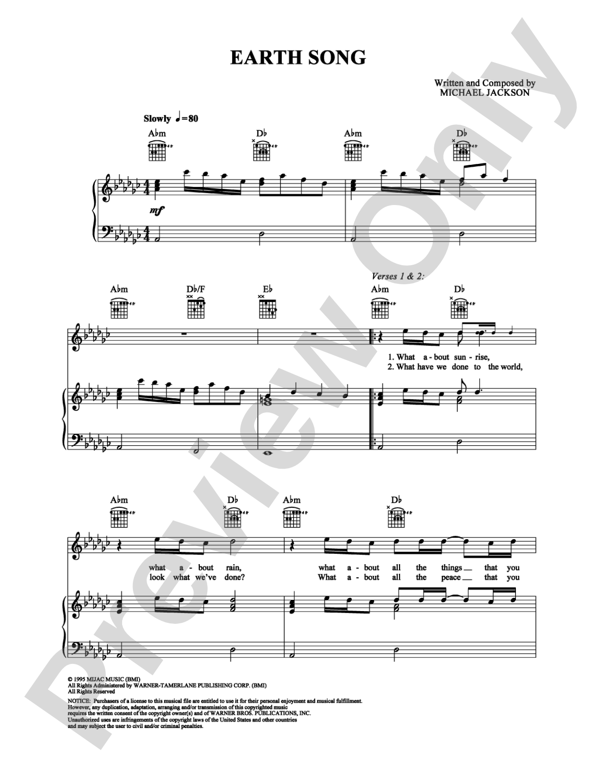Earth Song: Piano/Vocal/Chords Digital Sheet Music