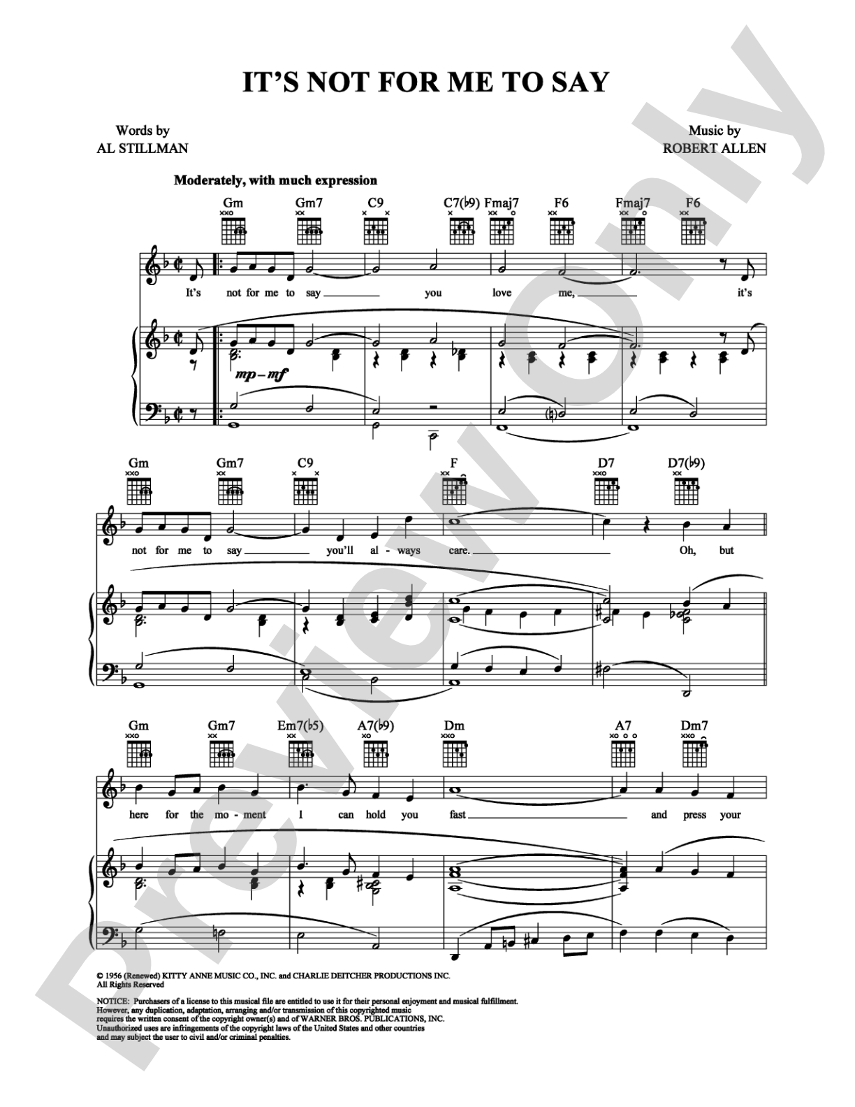 It's Not for Me to Say: Piano/Vocal/Chords Digital Sheet Music