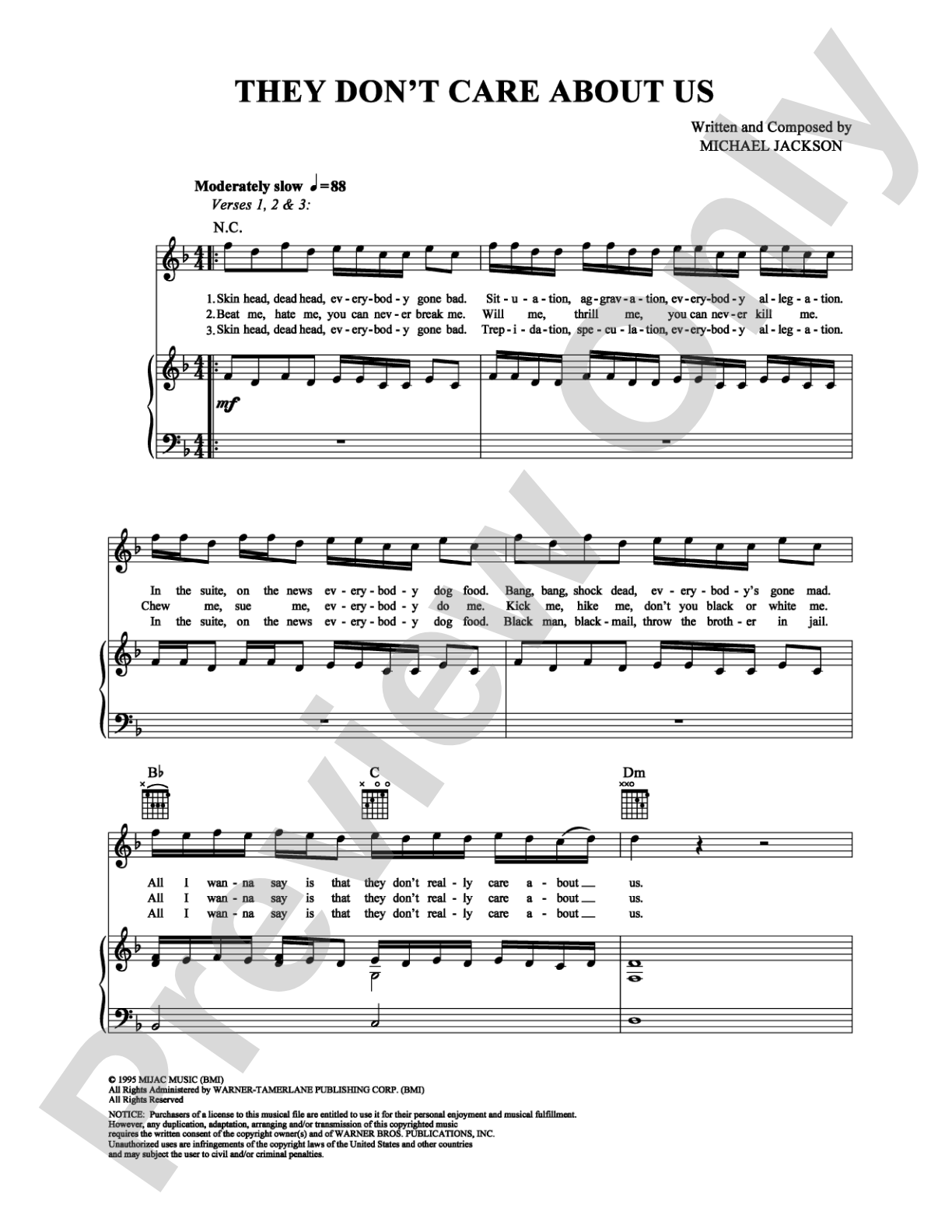 They Don't Care About Us: Piano/Vocal/Chords Digital Sheet Music
