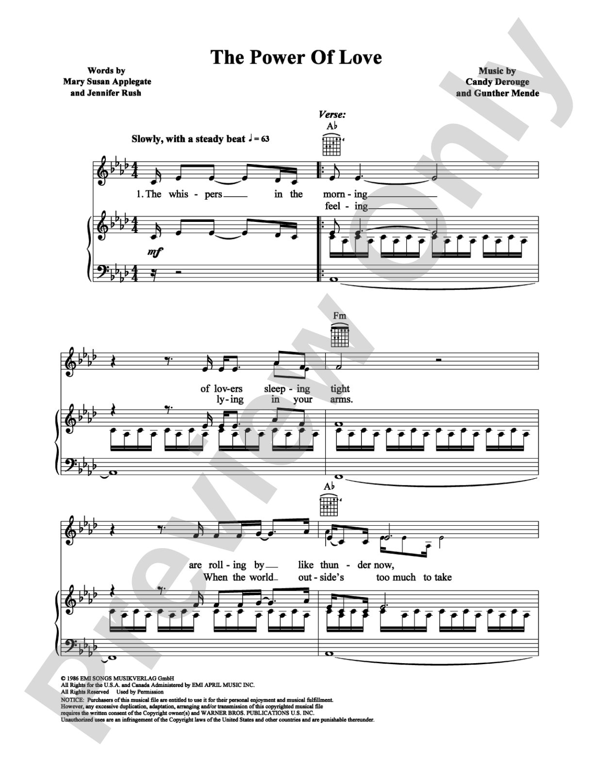 The Power of Love: Piano/Vocal/Chords Digital Sheet Music