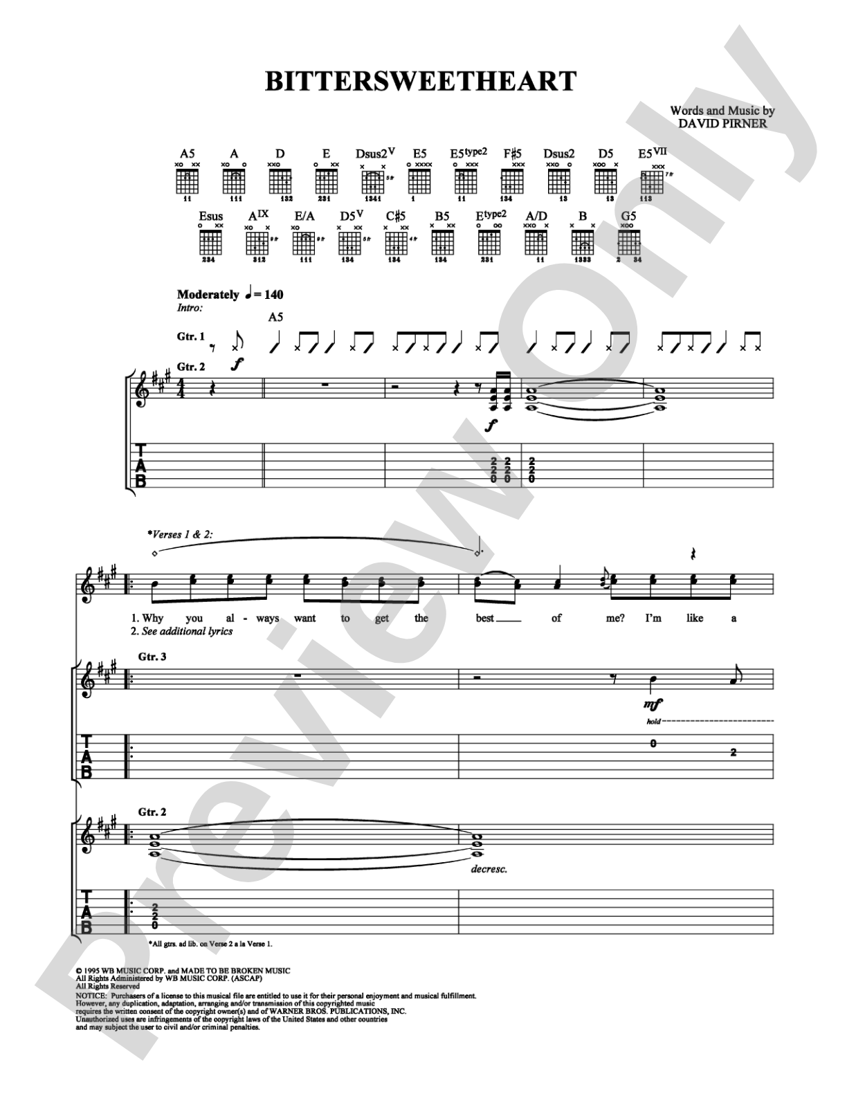 Bittersweetheart: Guitar TAB Digital Sheet Music