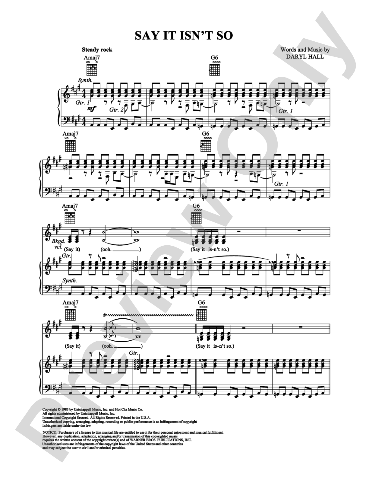 Say It Isn't So: Piano/Vocal/Chords Digital Sheet Music