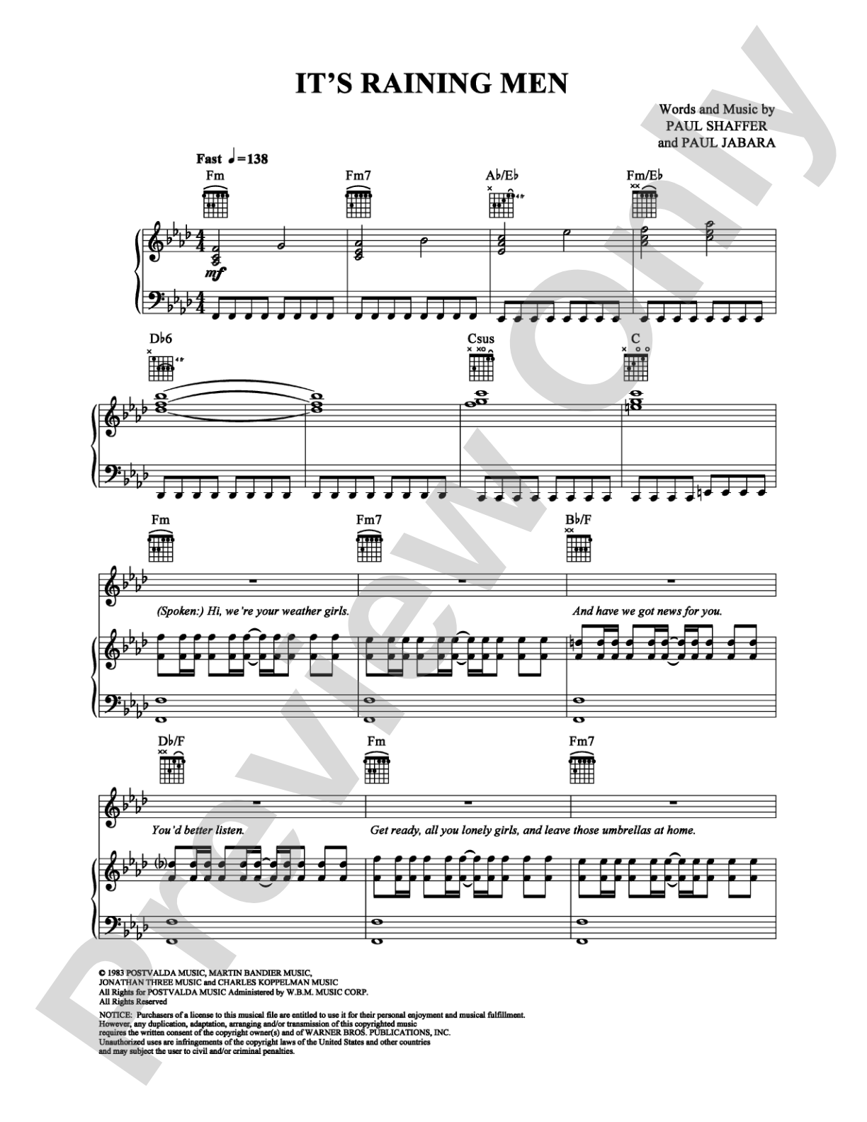 It's Raining Men: Piano/Vocal/Chords Digital Sheet Music
