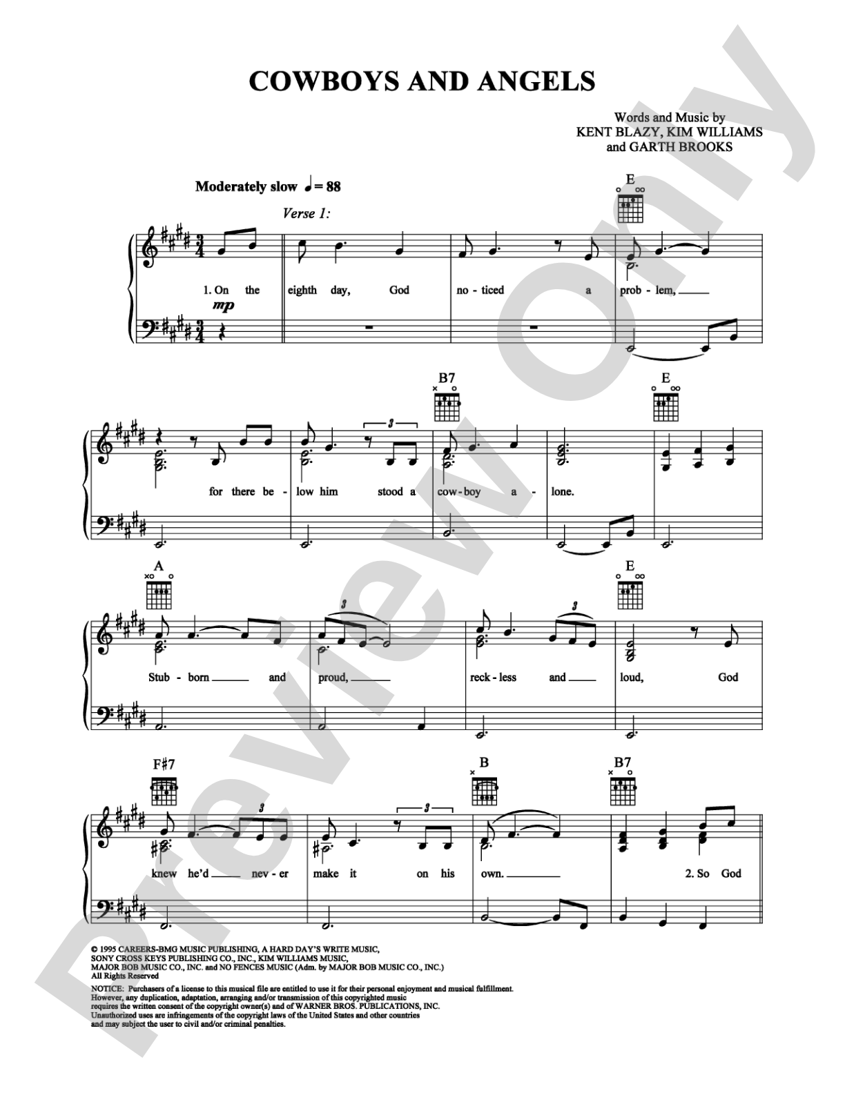Cowboys and Angels: Piano/Vocal/Chords Digital Sheet Music