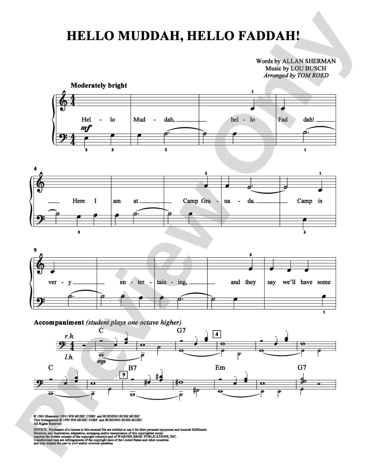 Hello Muddah, Hello Faddah!: Easy Piano Digital Sheet Music