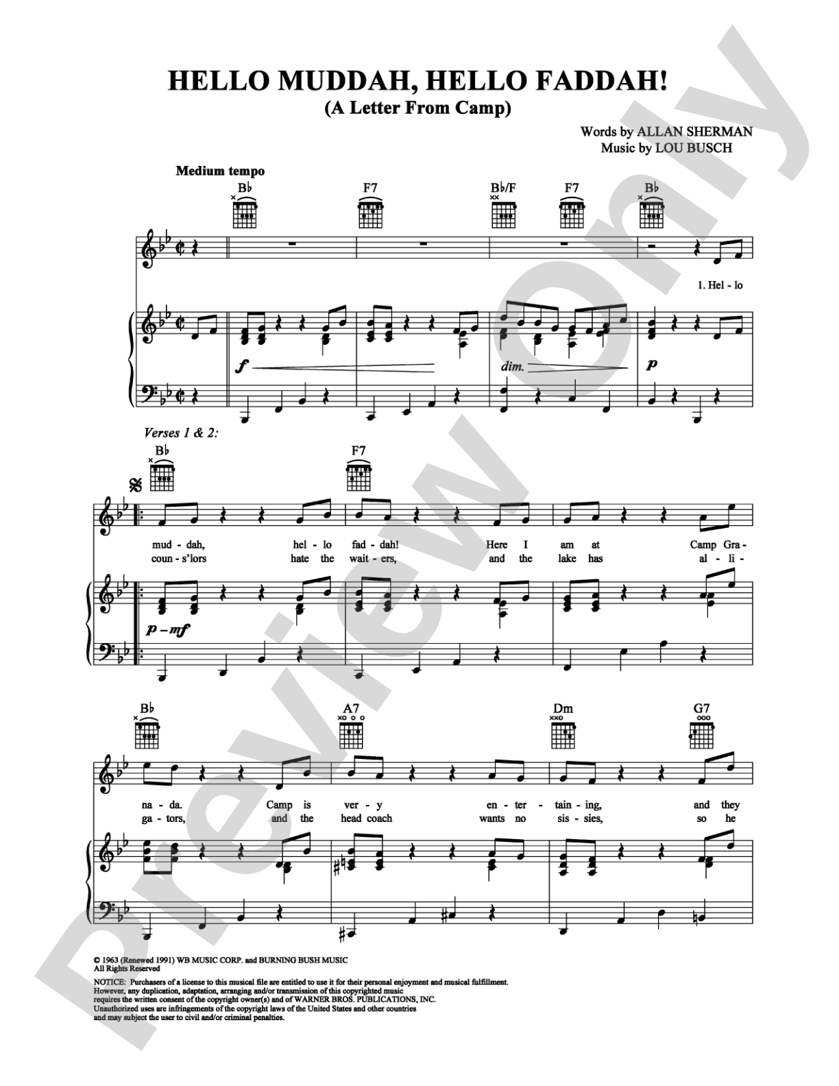 Hello Muddah, Hello Fadduh! (A Letter From Camp): Piano/Vocal/Chords Digital Sheet Music