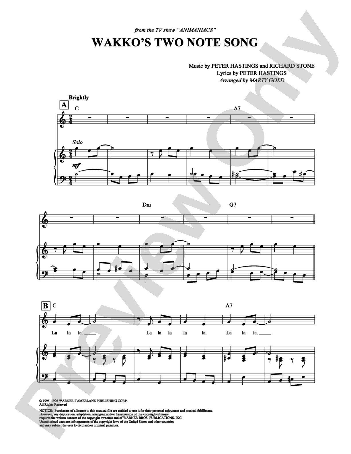 Wakko's Two Note Song: Piano/Vocal/Chords Digital Sheet Music