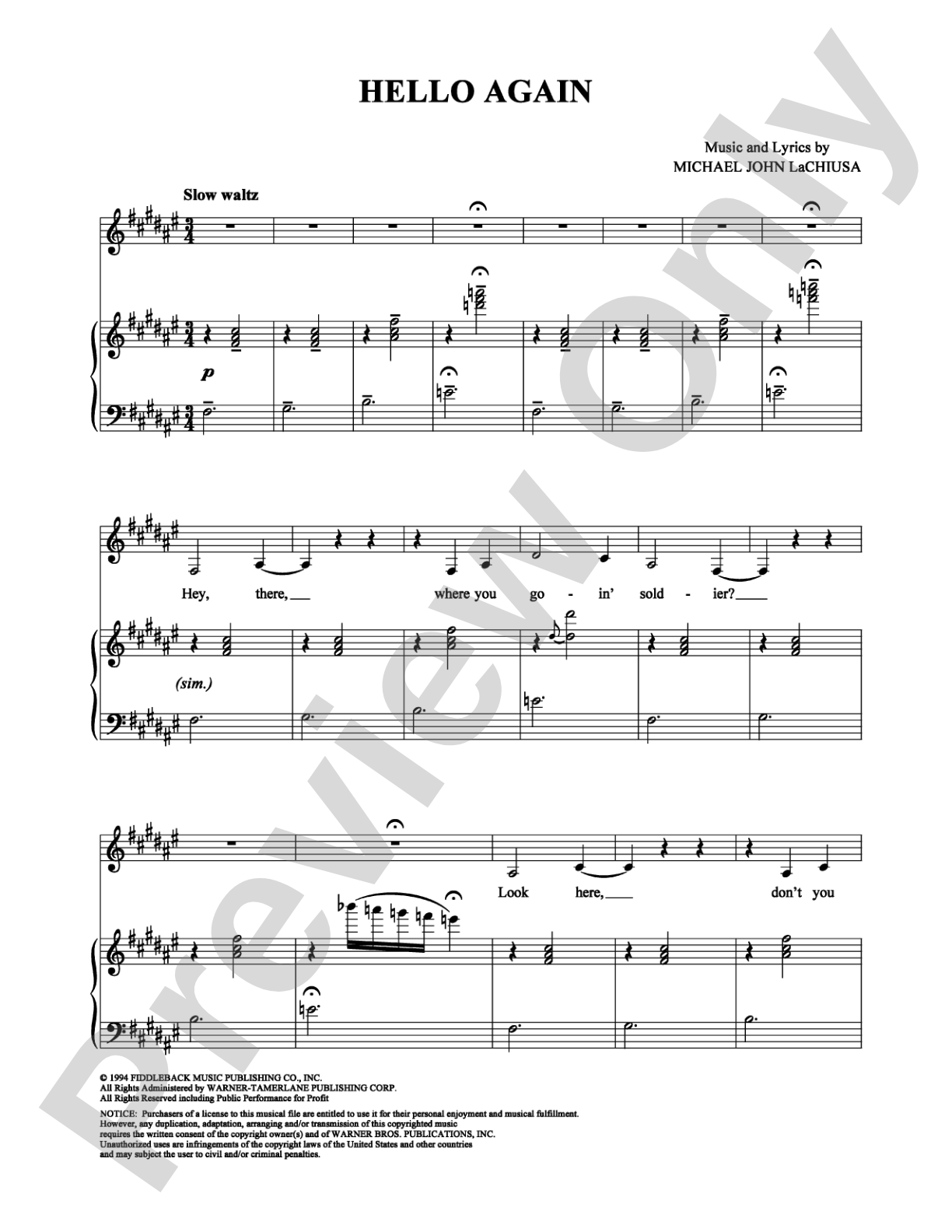 Hello Again: Piano/Vocal/Chords Digital Sheet Music