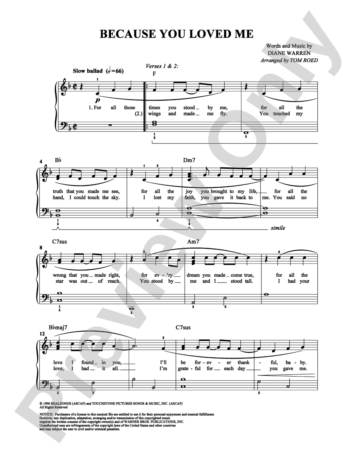 Because You Loved Me: Easy Piano Digital Sheet Music