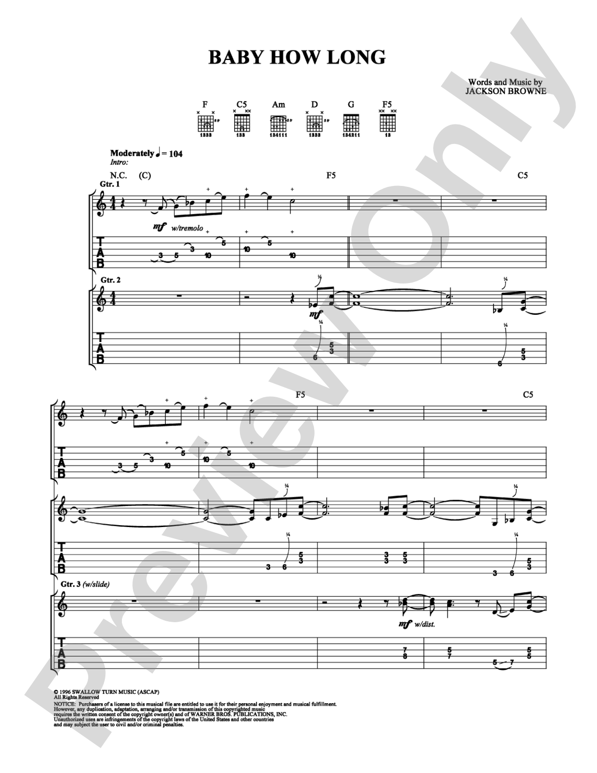Baby How Long: Guitar TAB Digital Sheet Music