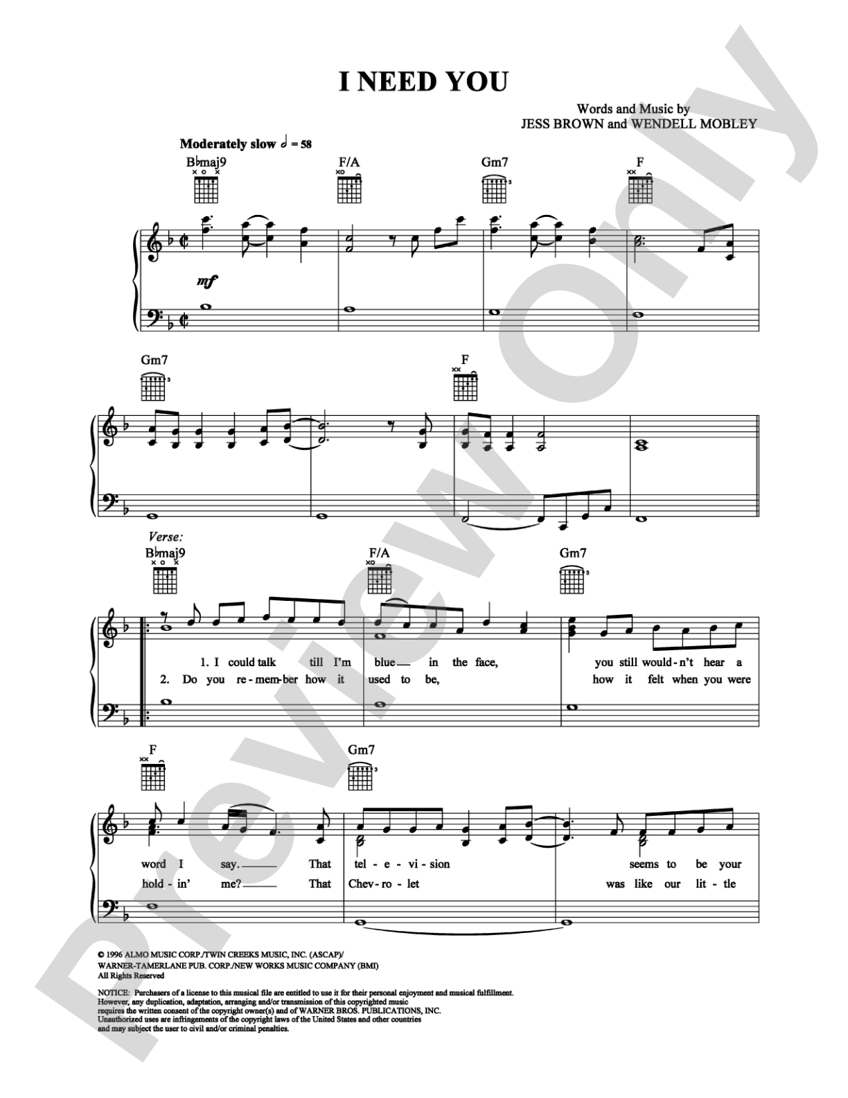 I Need You: Piano/Vocal/Chords Digital Sheet Music