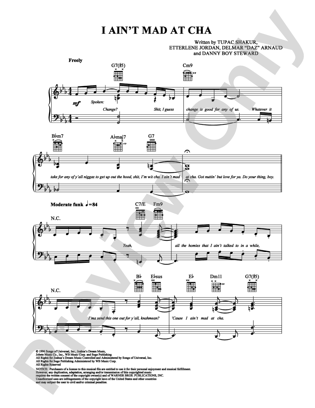 I Ain't Mad at Cha: Piano/Vocal/Chords Digital Sheet Music