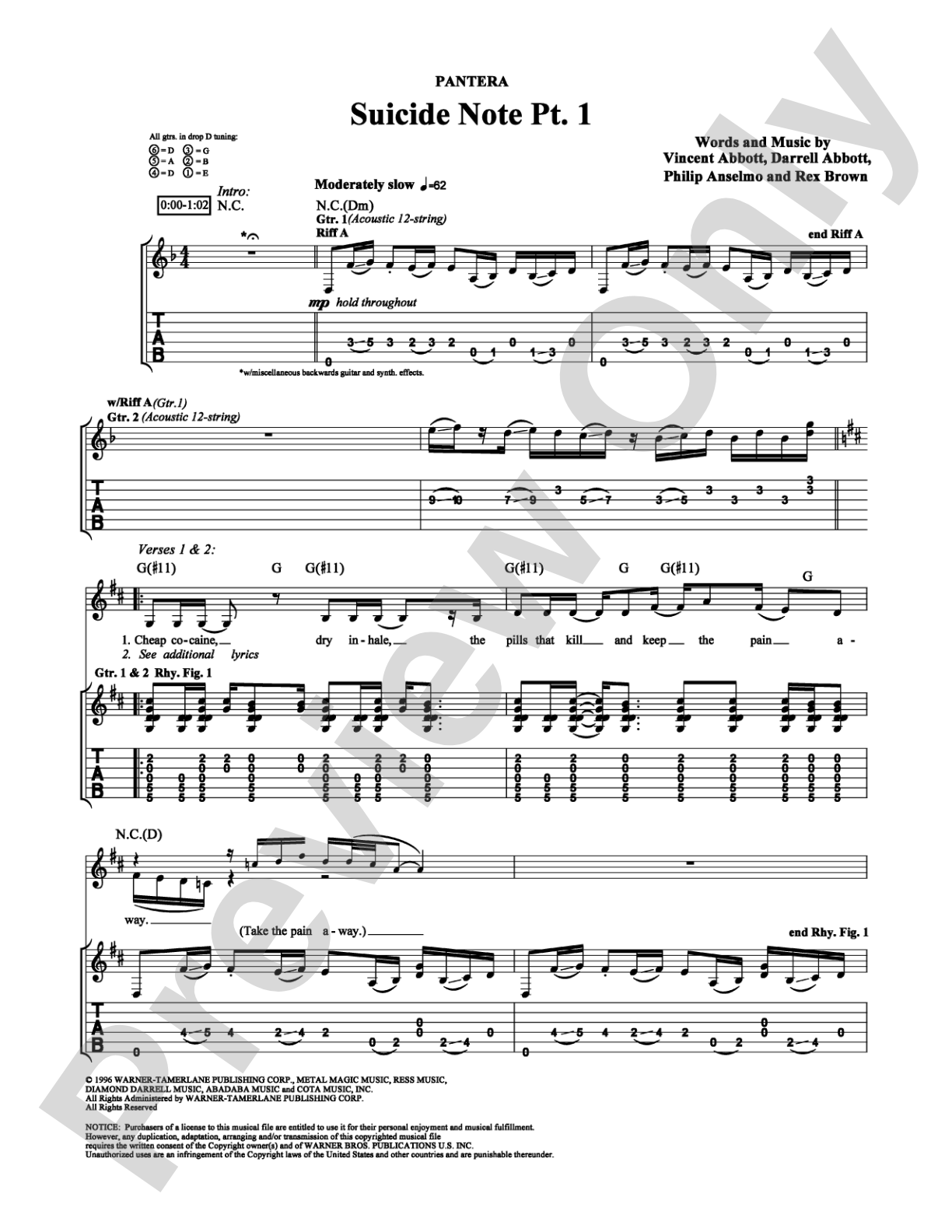 Suicide Note Pt. 1: Guitar TAB Digital Sheet Music