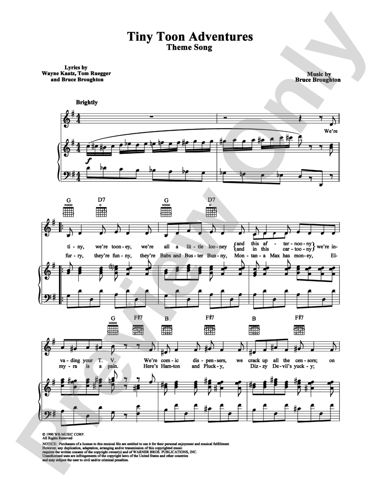 Tiny Toon Adventures: Piano/Vocal/Chords Digital Sheet Music