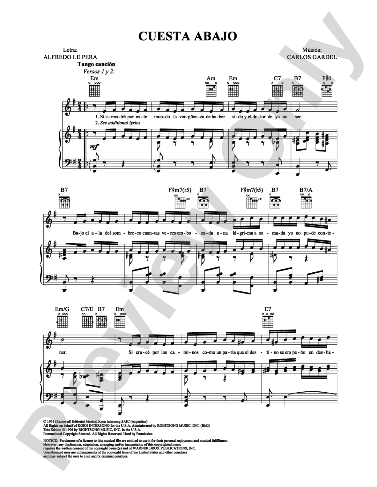 Cuesta Abajo: Piano/Vocal/Chords Digital Sheet Music