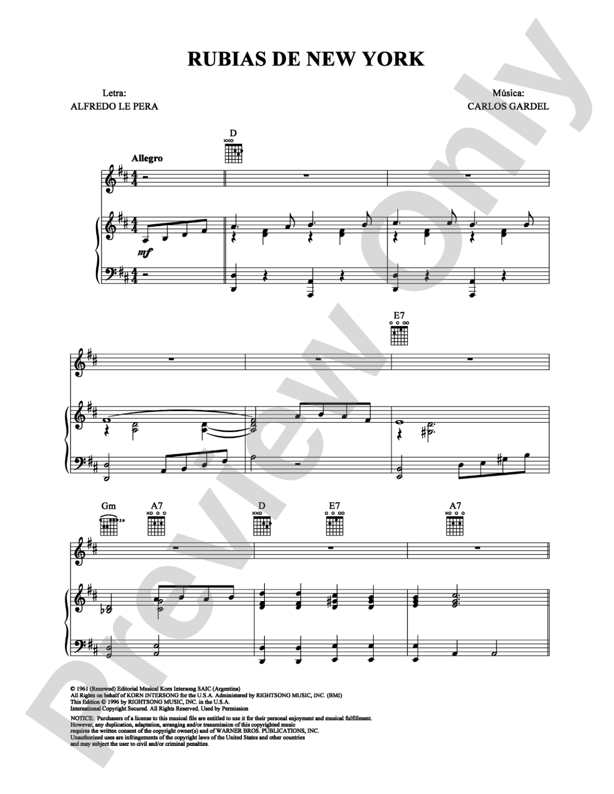 Rubias de New York: Piano/Vocal/Chords Digital Sheet Music