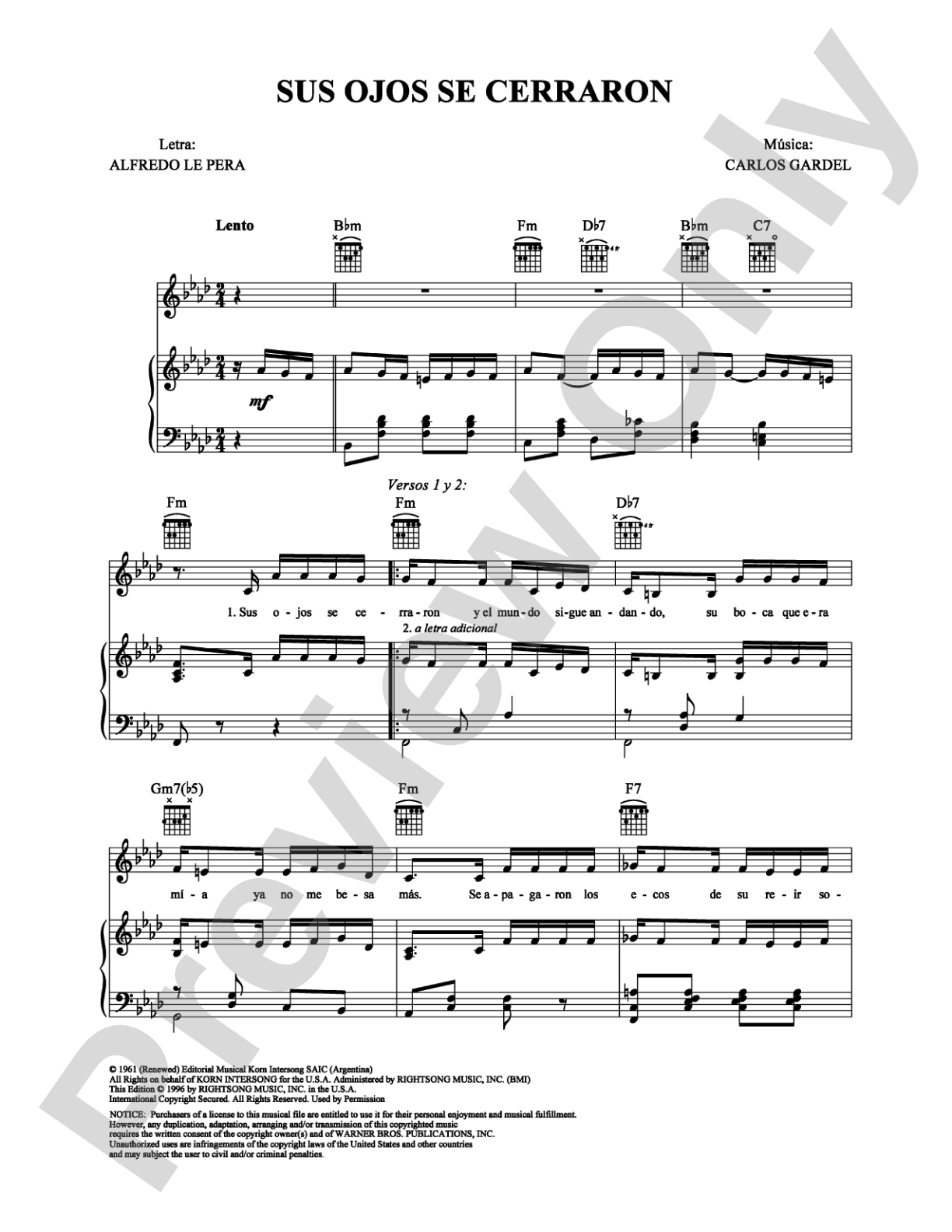 Sus Ojos Se Cerraron: Piano/Vocal/Chords Digital Sheet Music