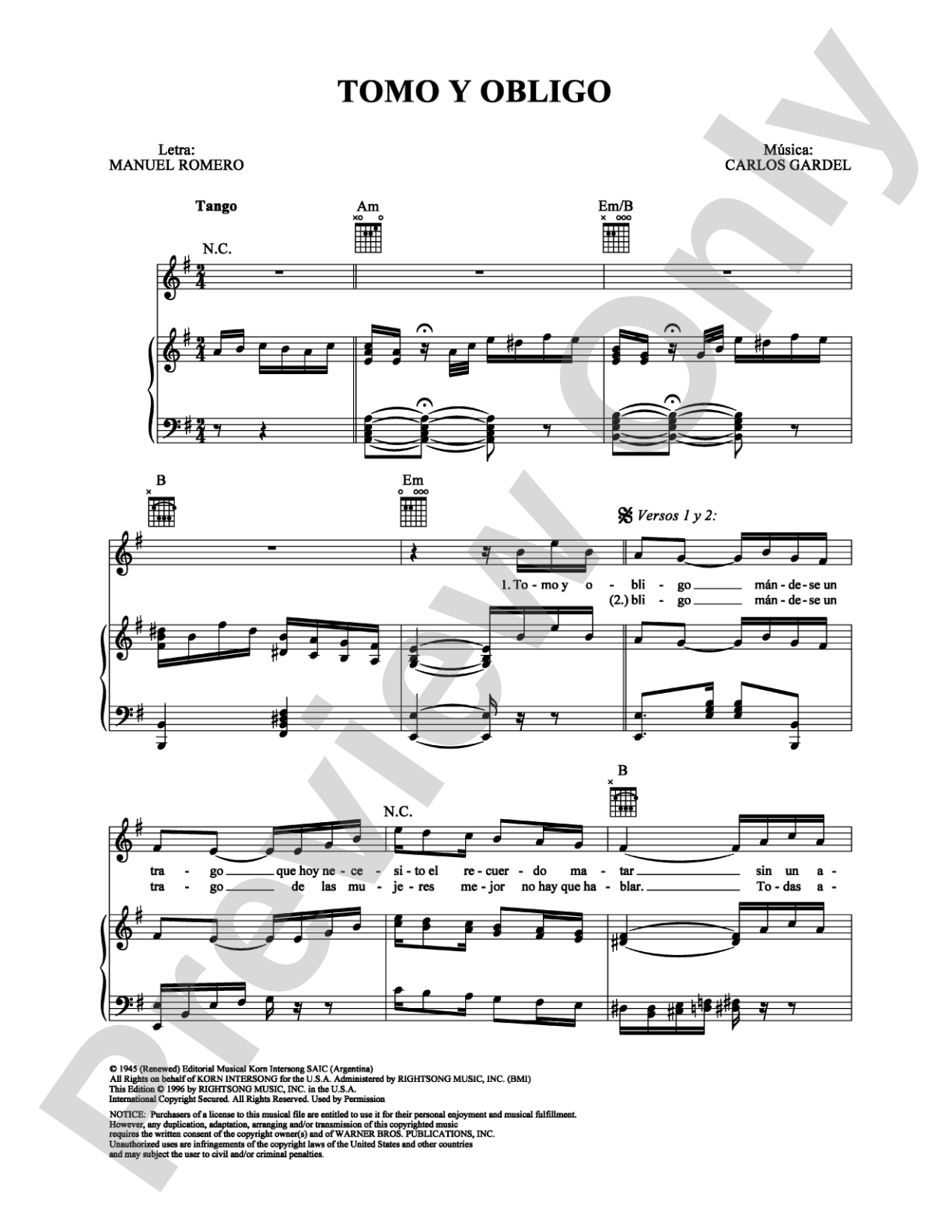 Tomo y Obligo: Piano/Vocal/Chords Digital Sheet Music