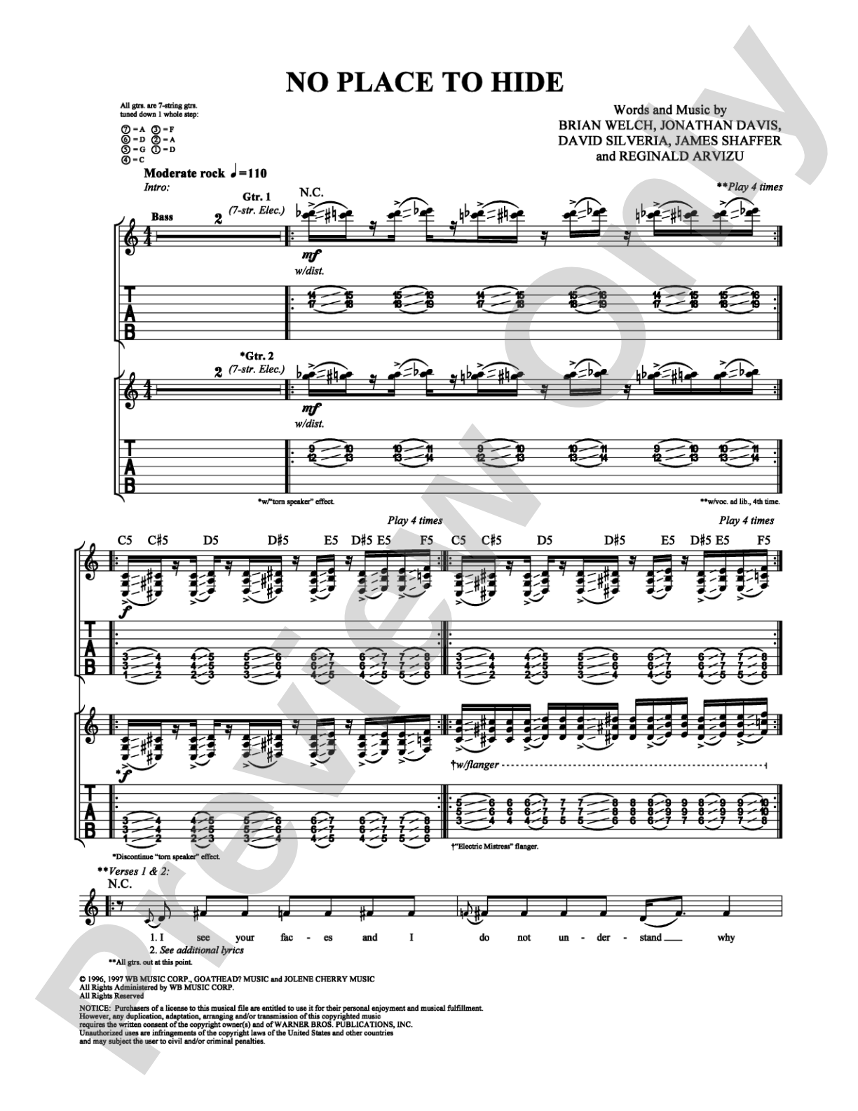 No Place to Hide: Guitar TAB Digital Sheet Music