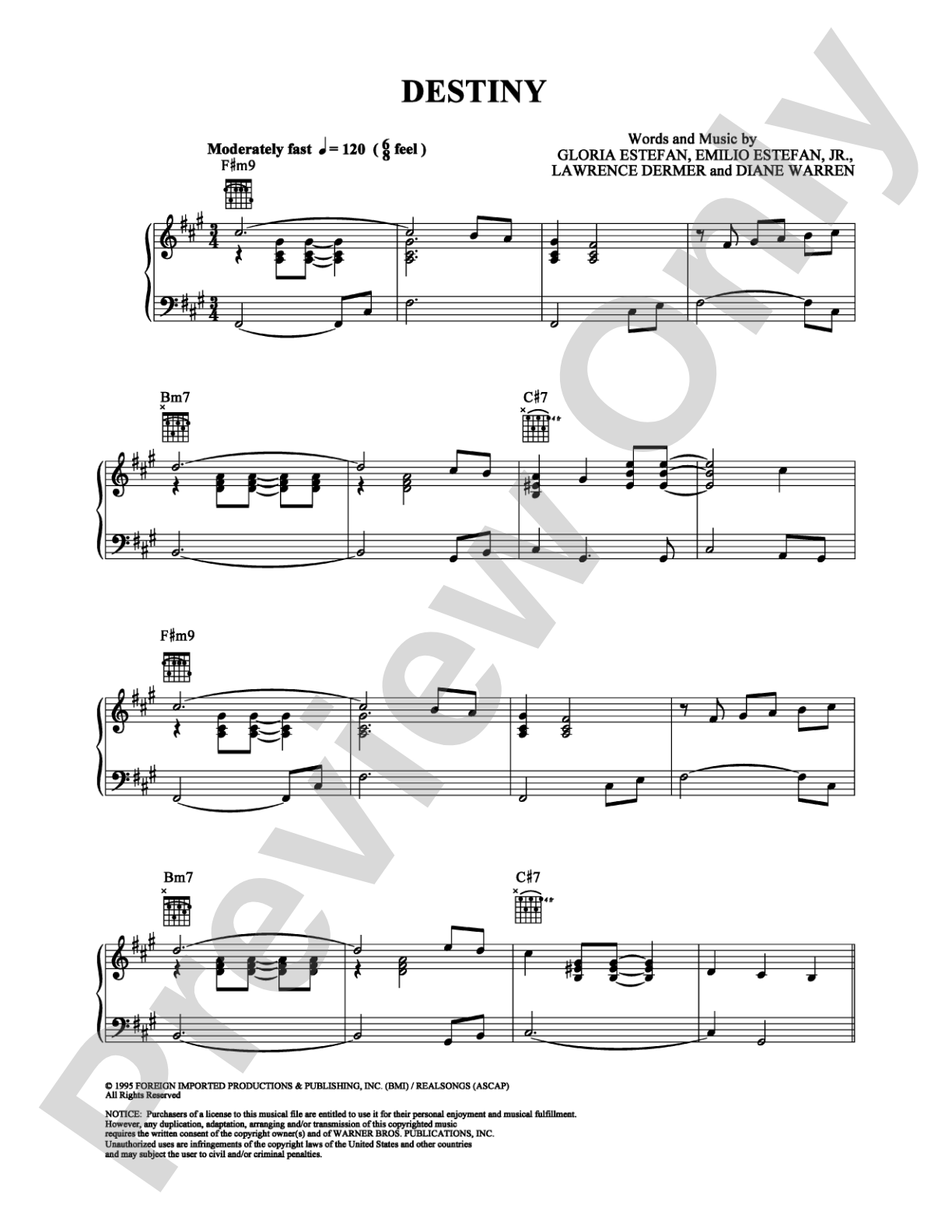 Destiny: Piano/Vocal/Chords Digital Sheet Music