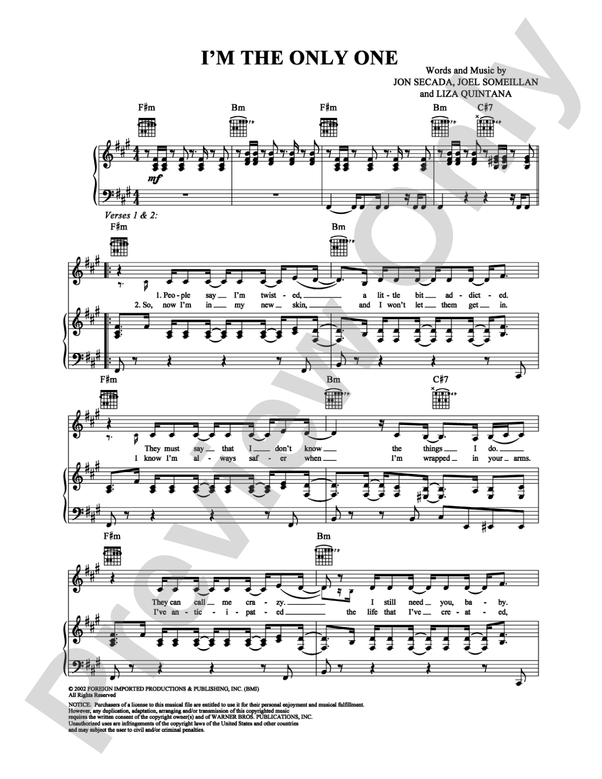 I'm the Only One: Piano/Vocal/Chords Digital Sheet Music