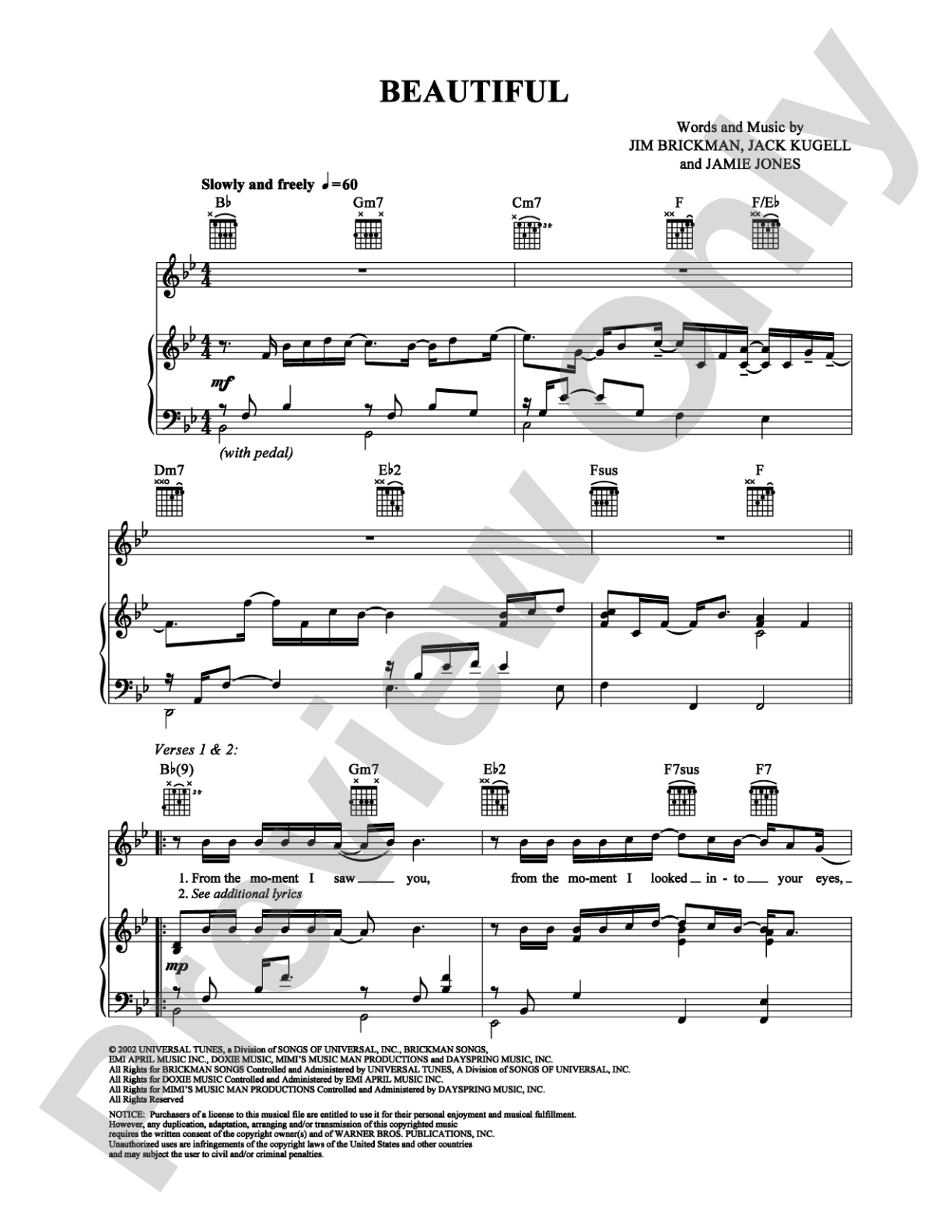 Beautiful: Piano/Vocal/Chords Digital Sheet Music
