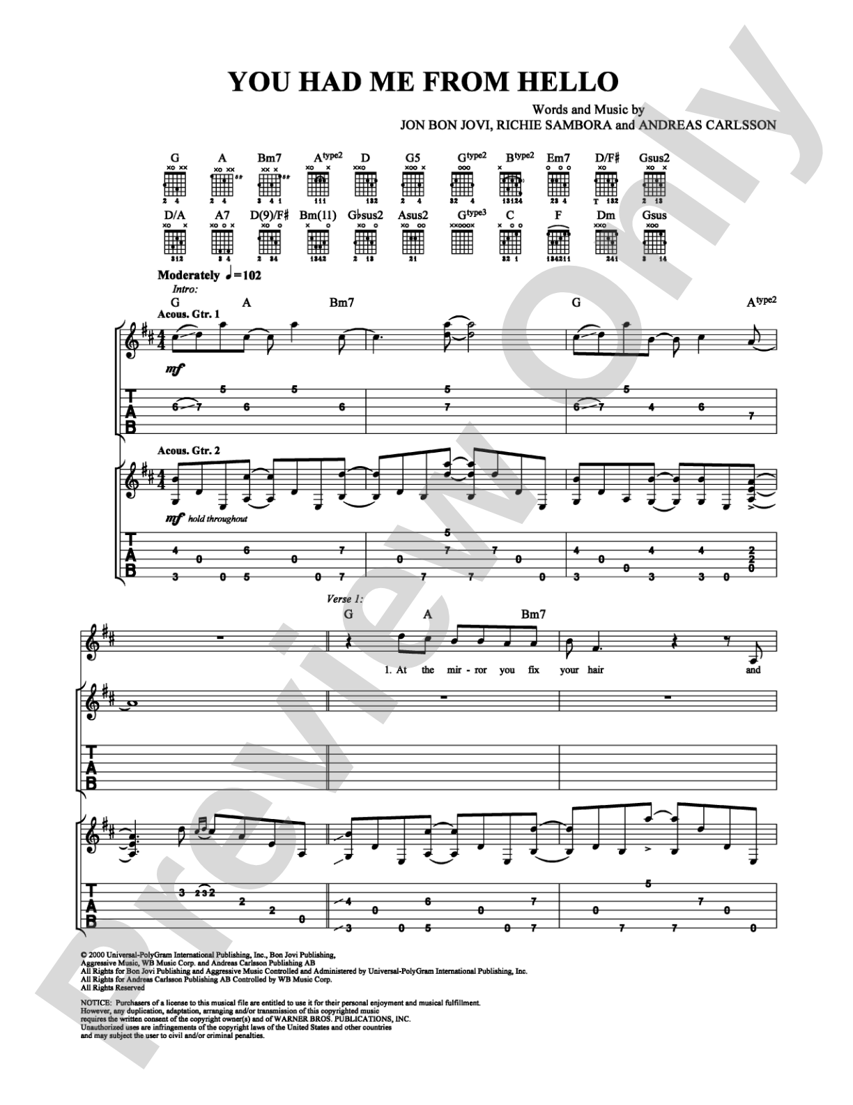 You Had Me from Hello: Guitar TAB Digital Sheet Music
