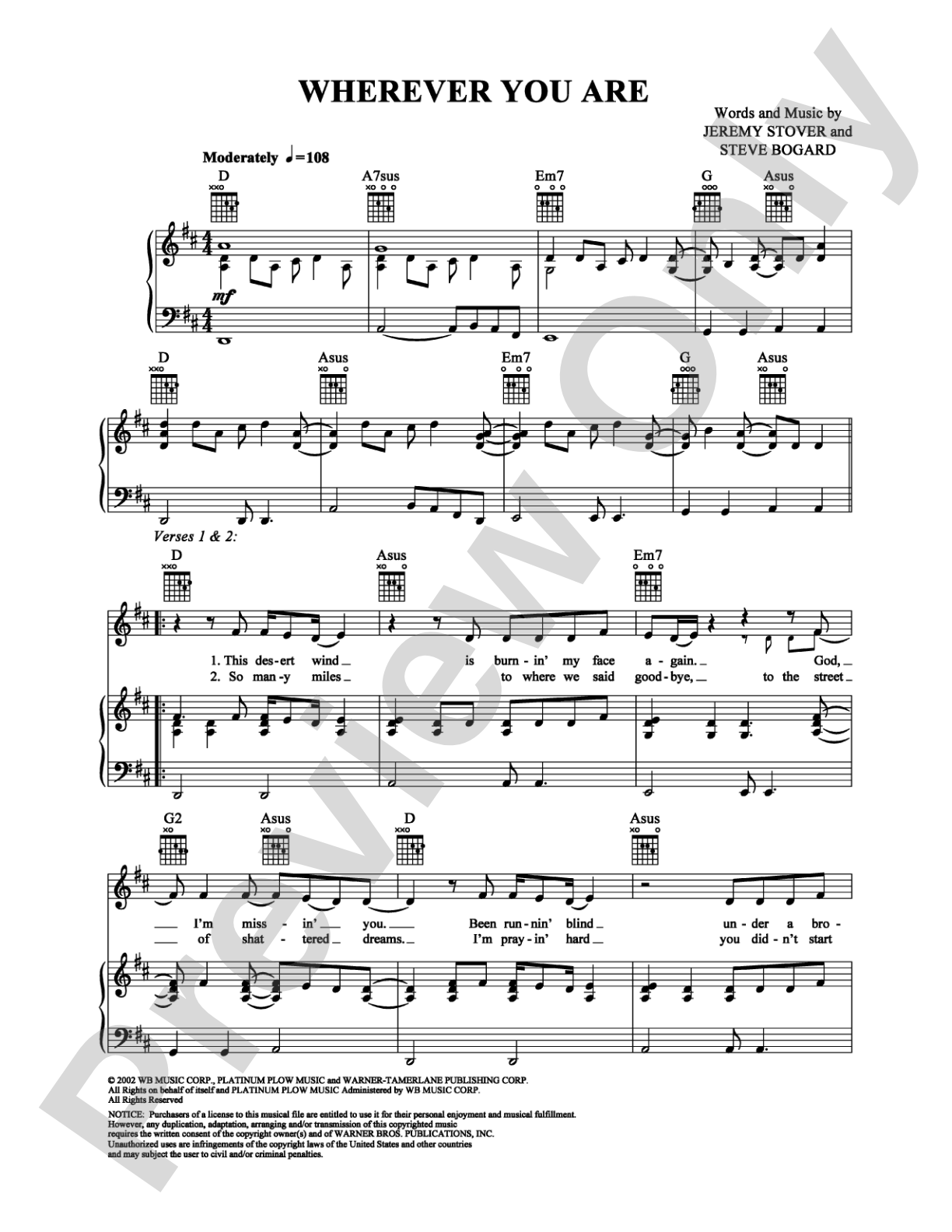 Wherever You Are: Piano/Vocal/Chords Digital Sheet Music