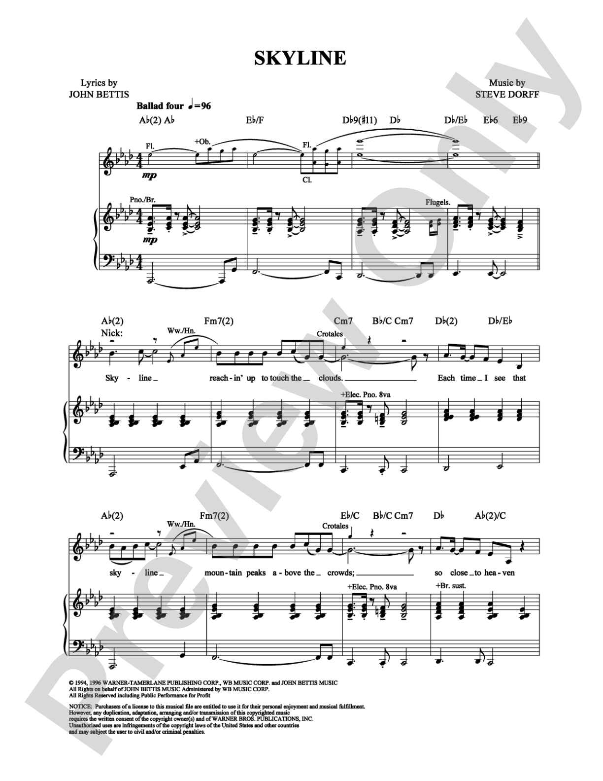 Skyline: Piano/Vocal/Chords Digital Sheet Music