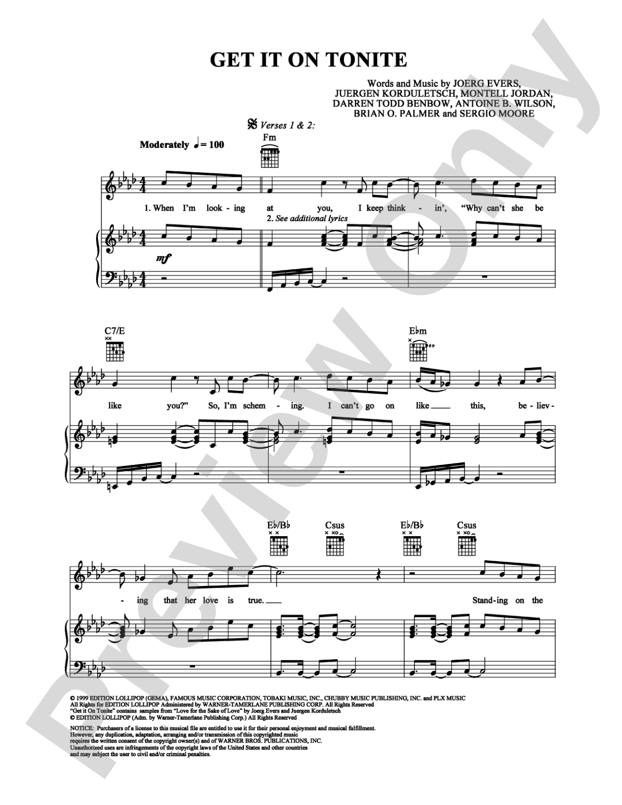 Get It On Tonite: Piano/Vocal/Chords Digital Sheet Music