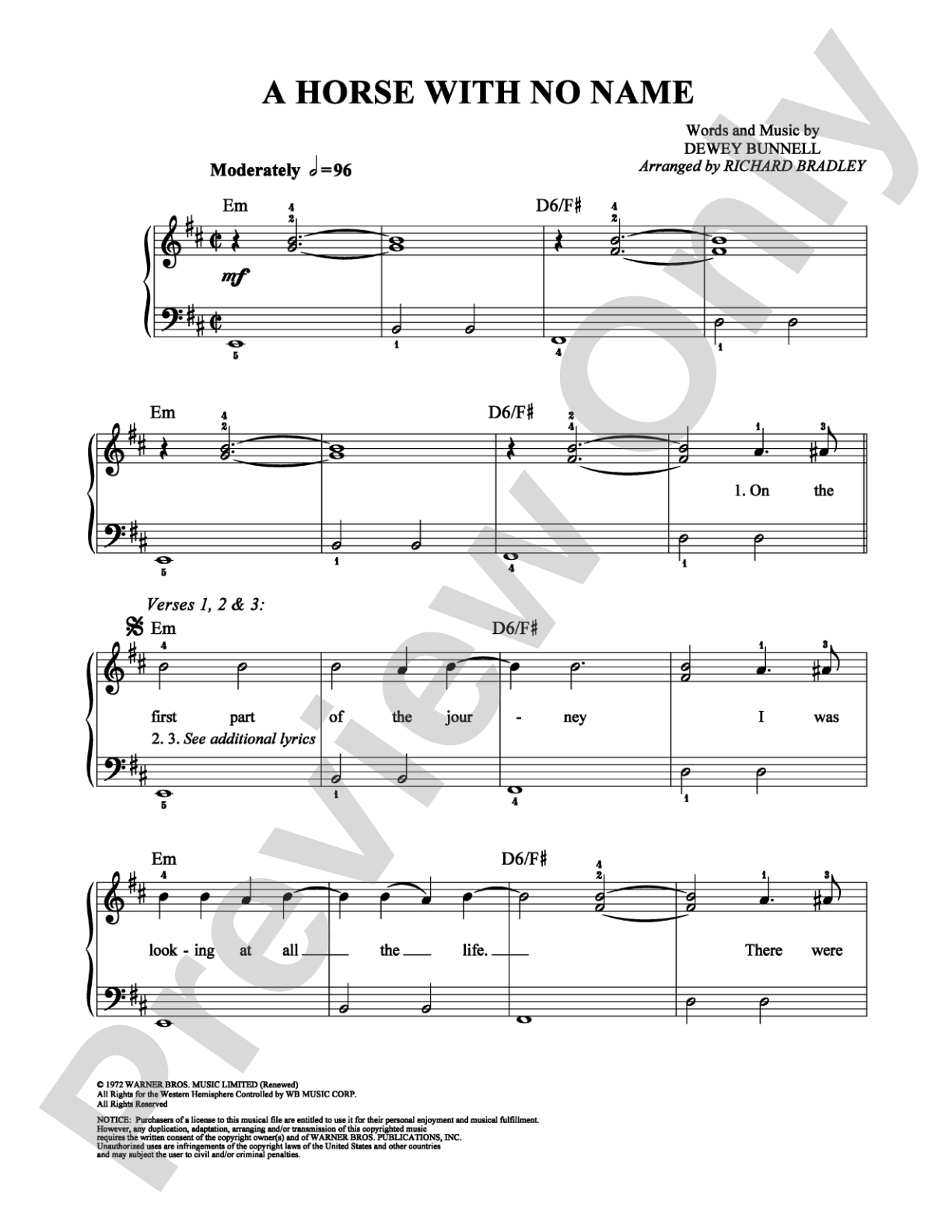 A Horse With No Name: Easy Piano Digital Sheet Music