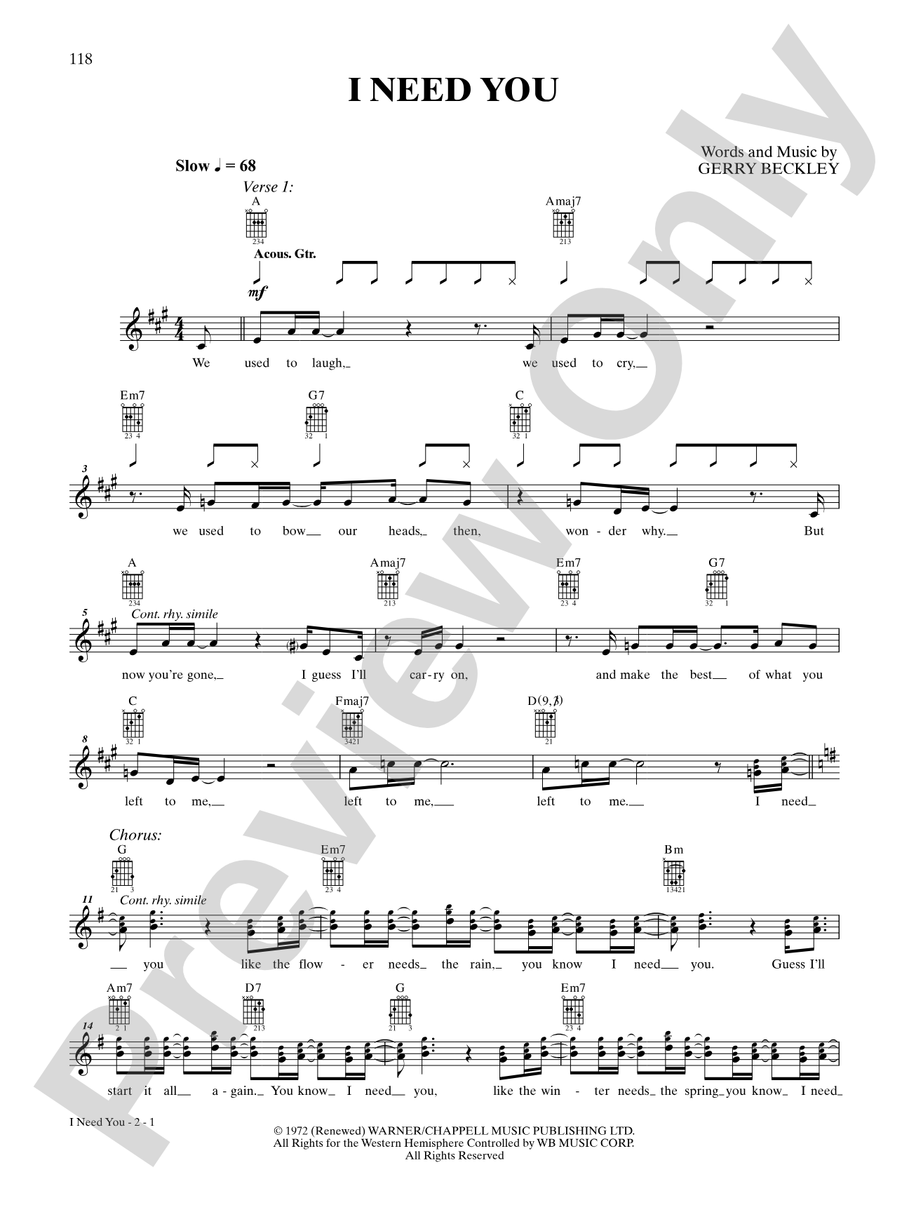 I Need You: Interm./Easy Guitar TAB