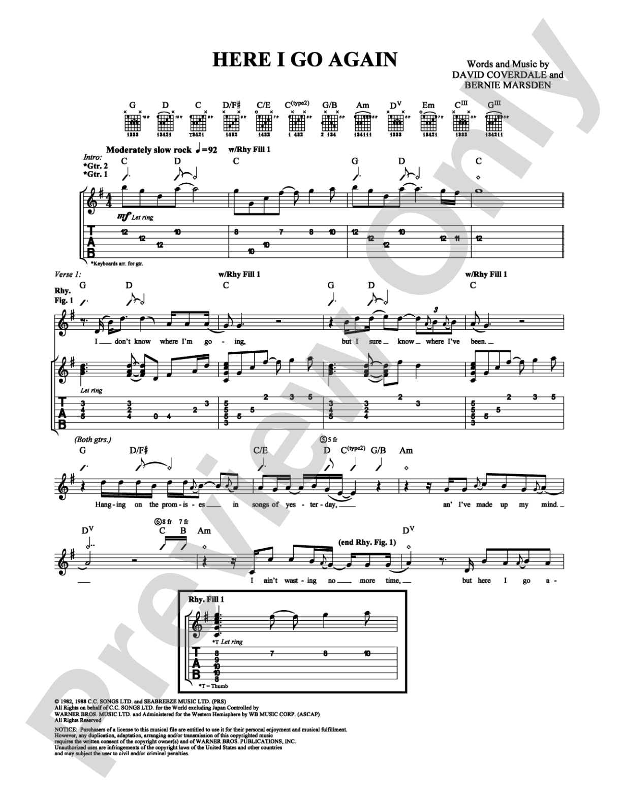 Here I Go Again: Guitar TAB Digital Sheet Music