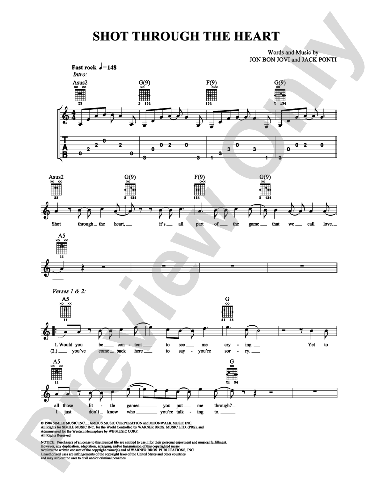 Shot Through the Heart: Easy Guitar Digital Sheet Music
