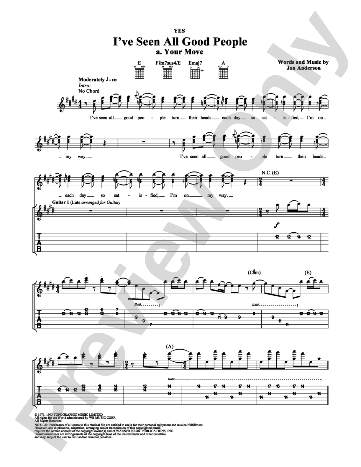 I've Seen All Good People (a. Your Move): Guitar TAB Digital Sheet Music