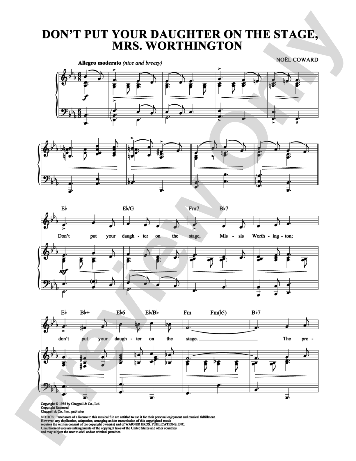 Don't Put Your Daughter on the Stage, Mrs. Worthington: Piano/Vocal/Chords Digital Sheet Music