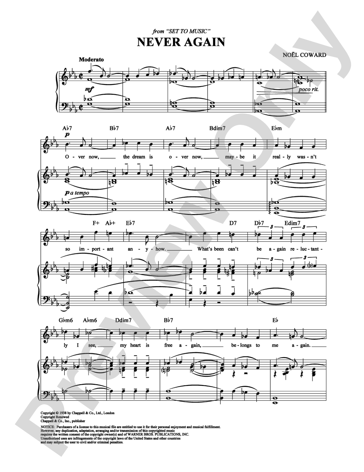 Never Again: Piano/Vocal/Chords Digital Sheet Music