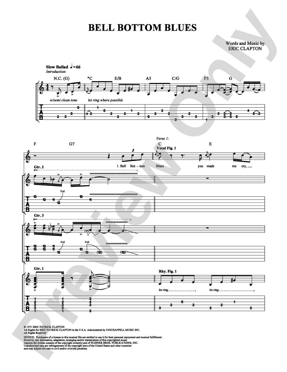 Bell Bottom Blues: Guitar TAB Digital Sheet Music