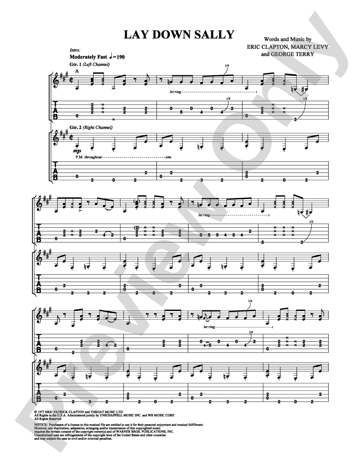 Lay Down Sally: Guitar TAB Digital Sheet Music