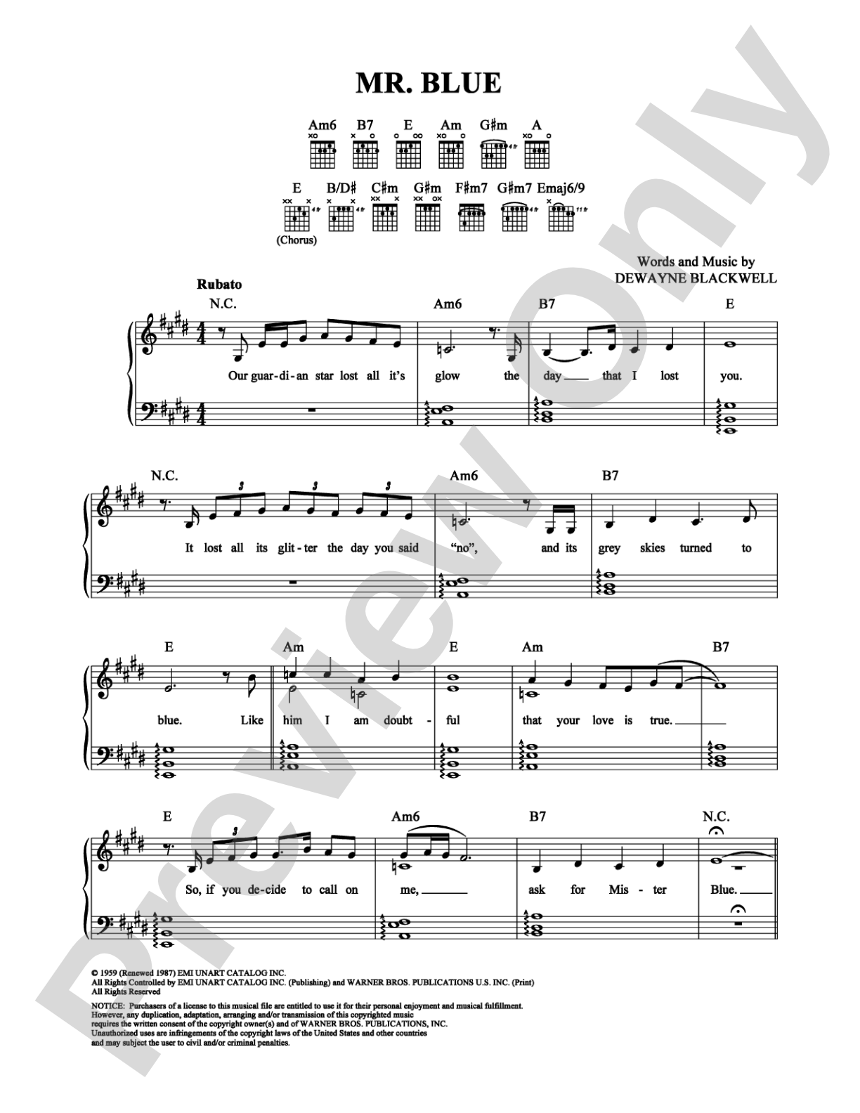 Mr. Blue: Piano/Vocal/Chords Digital Sheet Music