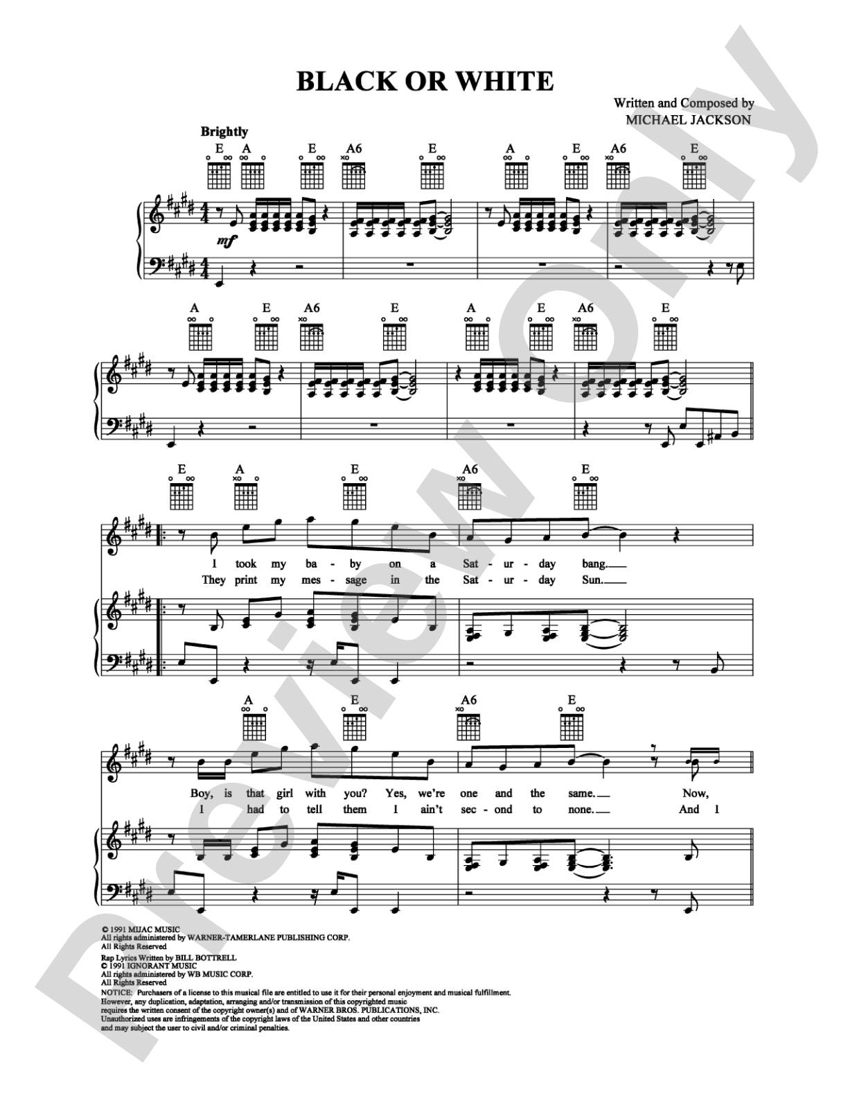 Black Or White: Piano/Vocal/Chords Digital Sheet Music